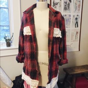 Plaid button up flannel with lace